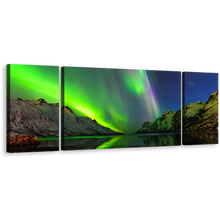 Load image into Gallery viewer, Norway Aurora Canvas Wall Art, Green Ersfjord Polar Lights 3 Piece Canvas Print, Dramatic Blue Starry Sky Triptych Canvas Set
