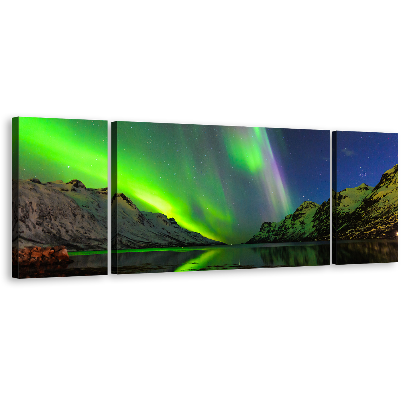 Norway Aurora Canvas Wall Art, Green Ersfjord Polar Lights 3 Piece Canvas Print, Dramatic Blue Starry Sky Triptych Canvas Set