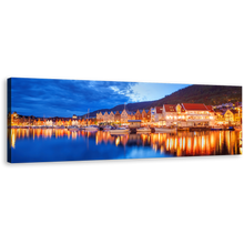 Load image into Gallery viewer, Norway Houses Canvas Print, Orange Bergen City Reflection Canvas Artwork, Beautiful Blue Cloudy Sky Wide Canvas, Boats Canal Lake 1 Piece Canvas Wall Art
