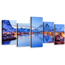 Load image into Gallery viewer, Norway Mountains Canvas Print, Orange Reine Village Multi Canvas Artwork, Lofoten Islands Canvas Set, Blue City Mountains 5 Piece Canvas Wall Art
