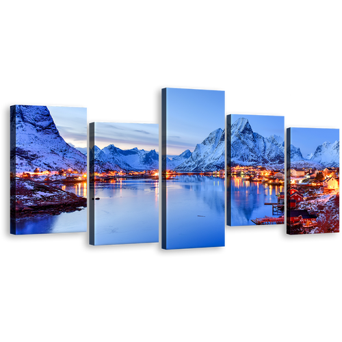 Norway Mountains Canvas Print, Orange Reine Village Multi Canvas Artwork, Lofoten Islands Canvas Set, Blue City Mountains 5 Piece Canvas Wall Art