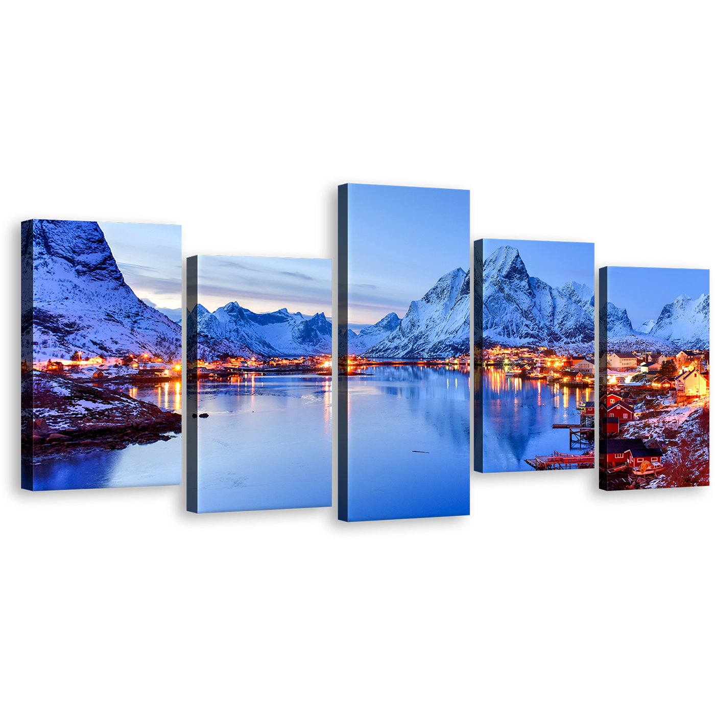 Norway Mountains Canvas Print, Orange Reine Village Multi Canvas Artwork, Lofoten Islands Canvas Set, Blue City Mountains 5 Piece Canvas Wall Art