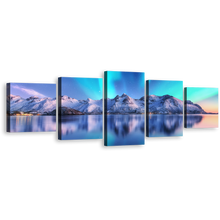 Load image into Gallery viewer, Norway Ocean Canvas Print, White City Mountains 5 Piece Canvas Wall Art, Aurora Blue Sky Lofoten Islands Multi Canvas Artwork
