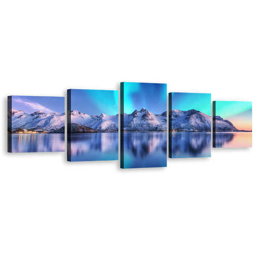 Norway Ocean Canvas Print, White City Mountains 5 Piece Canvas Wall Art, Aurora Blue Sky Lofoten Islands Multi Canvas Artwork