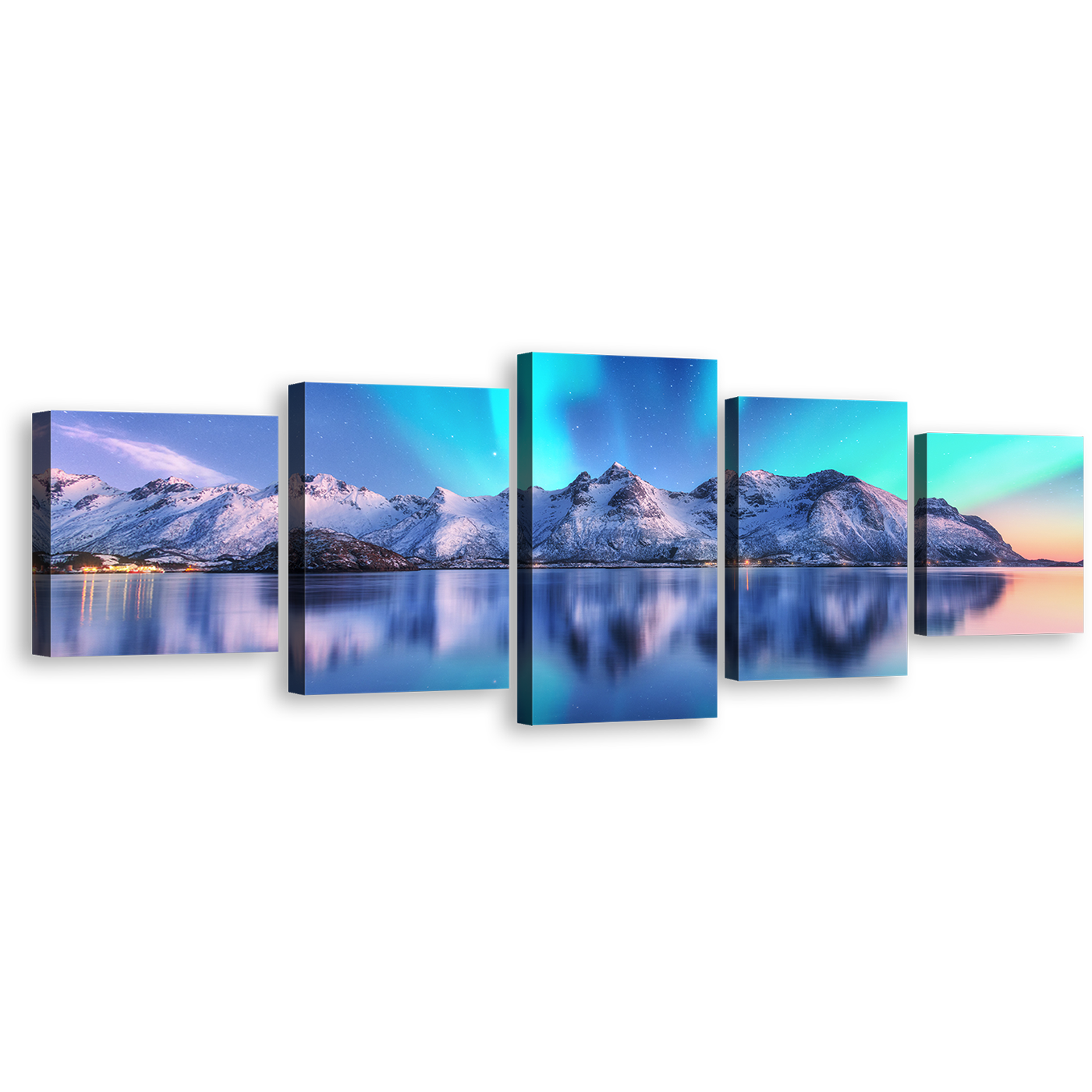 Norway Ocean Canvas Print, White City Mountains 5 Piece Canvas Wall Art, Aurora Blue Sky Lofoten Islands Multi Canvas Artwork