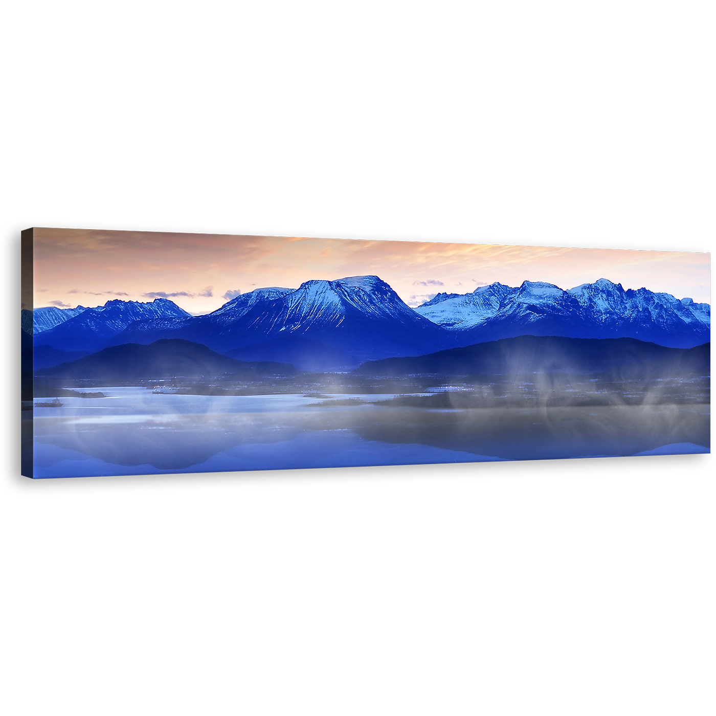 Norwegian Ocean Wall Art, Foggy White Mountains Sunrise Panoramic Canvas Print, Blue Ocean Mountain Reflection Canvas Print