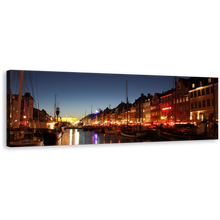 Load image into Gallery viewer, Nyhavn Harbor Canvas Wall Art, Orange Lights Canal Kayak Houses Canvas Print, Copenhagen Harbor Boats Blue Sky Panorama Canvas
