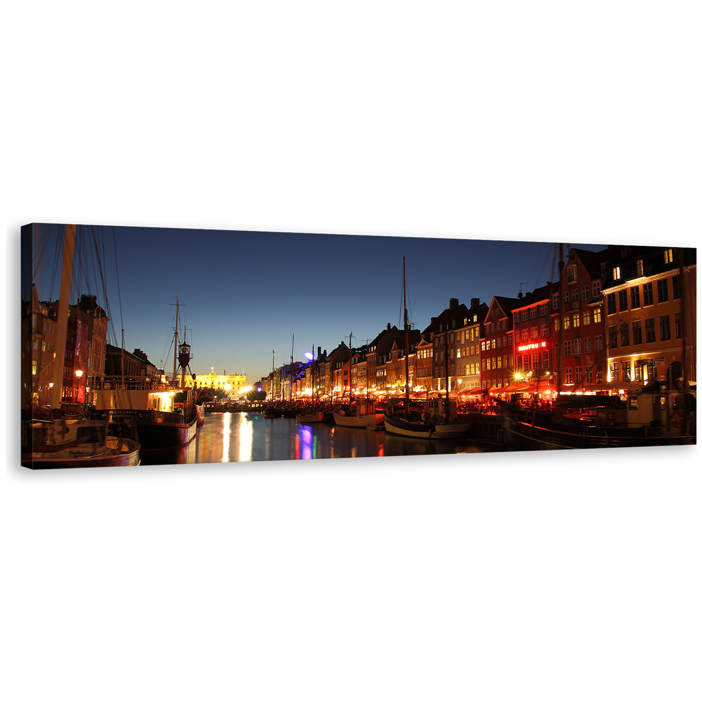 Nyhavn Harbor Canvas Wall Art, Orange Lights Canal Kayak Houses Canvas Print, Copenhagen Harbor Boats Blue Sky Panorama Canvas