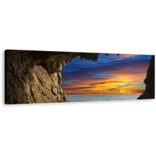 Load image into Gallery viewer, Ocean Arches Canvas Wall Art, Brown Cave Ocean View 1 Piece Canvas Artwork, Dramatic Orange Blue Sky Ocean Canvas Print
