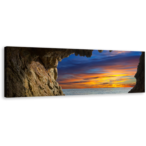 Ocean Arches Canvas Wall Art, Brown Cave Ocean View 1 Piece Canvas Artwork, Dramatic Orange Blue Sky Ocean Canvas Print