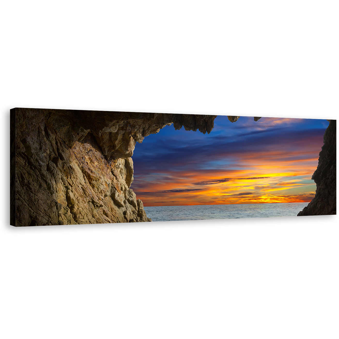 Ocean Arches Canvas Wall Art, Brown Cave Ocean View 1 Piece Canvas Artwork, Dramatic Orange Blue Sky Ocean Canvas Print