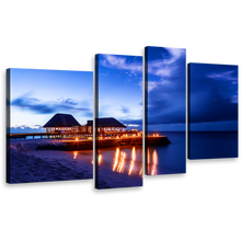 Load image into Gallery viewer, Ocean Beach Canvas Print, Blue Starry Sky Maldivian Nightscape Multi Canvas, Orange Maldives Beach 4 Piece Wall Art
