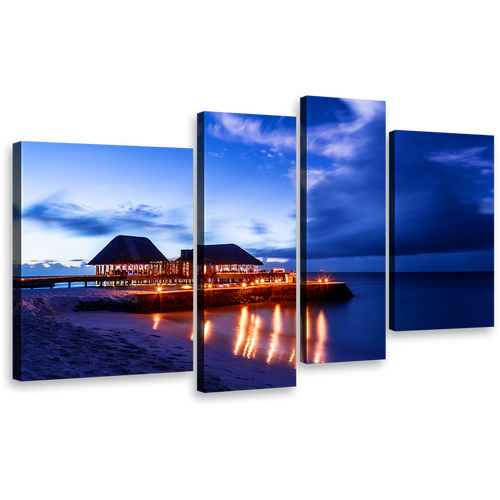 Ocean Beach Canvas Print, Blue Starry Sky Maldivian Nightscape Multi Canvas, Orange Maldives Beach 4 Piece Wall Art