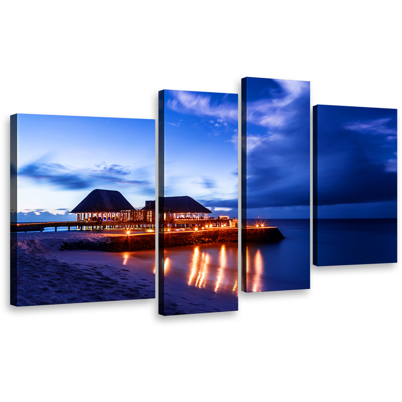 Ocean Beach Canvas Print, Blue Starry Sky Maldivian Nightscape Multi Canvas, Orange Maldives Beach 4 Piece Wall Art