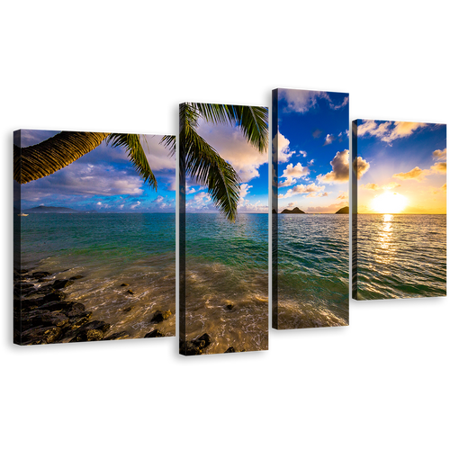 Ocean Beach Canvas Print, Colorful Hawaii Ocean 4 Piece Canvas, Yellow Sunset Sea Canvas Wall Art