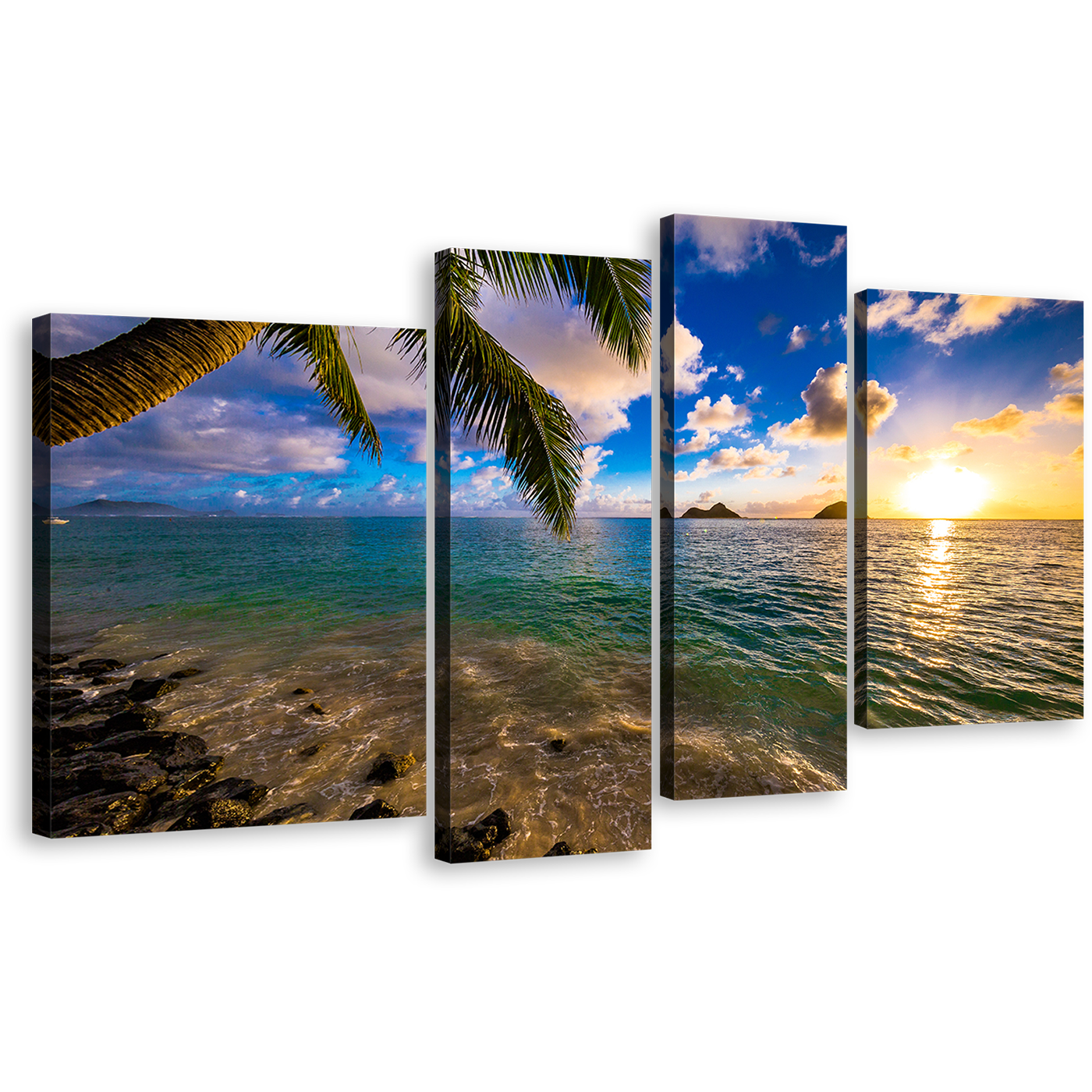 Ocean Beach Canvas Print, Colorful Hawaii Ocean 4 Piece Canvas, Yellow Sunset Sea Canvas Wall Art