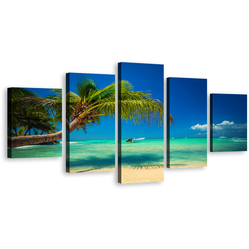 Ocean Beach Canvas Print, Dominican Republic Blue Ocean Sky 5 Piece Canvas Wall Art, Punta Cana Sea Green Ocean Multi Canvas Artwork