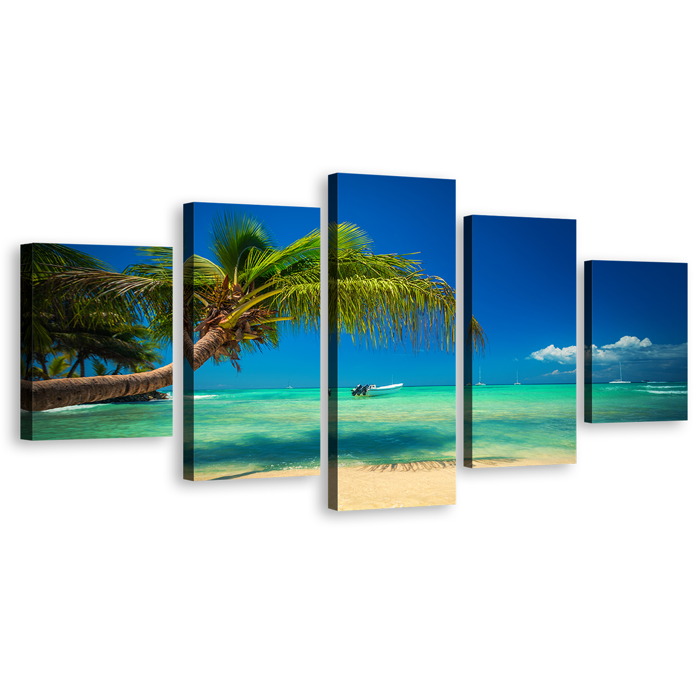 Ocean Beach Canvas Print, Dominican Republic Blue Ocean Sky 5 Piece Canvas Wall Art, Punta Cana Sea Green Ocean Multi Canvas Artwork