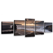 Load image into Gallery viewer, Ocean Beach Canvas Print, Dramatic Yellow Cloudy Sky Canvas Set, Grey Reynisfjara Beach 5 Piece Canvas Wall Art, Beach Black Sand Multi Canvas
