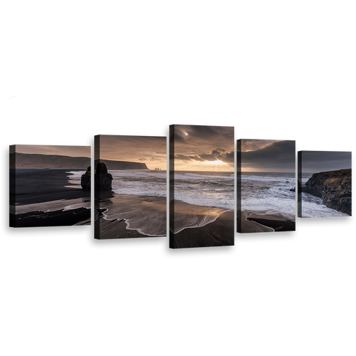 Ocean Beach Canvas Print, Dramatic Yellow Cloudy Sky Canvas Set, Grey Reynisfjara Beach 5 Piece Canvas Wall Art, Beach Black Sand Multi Canvas