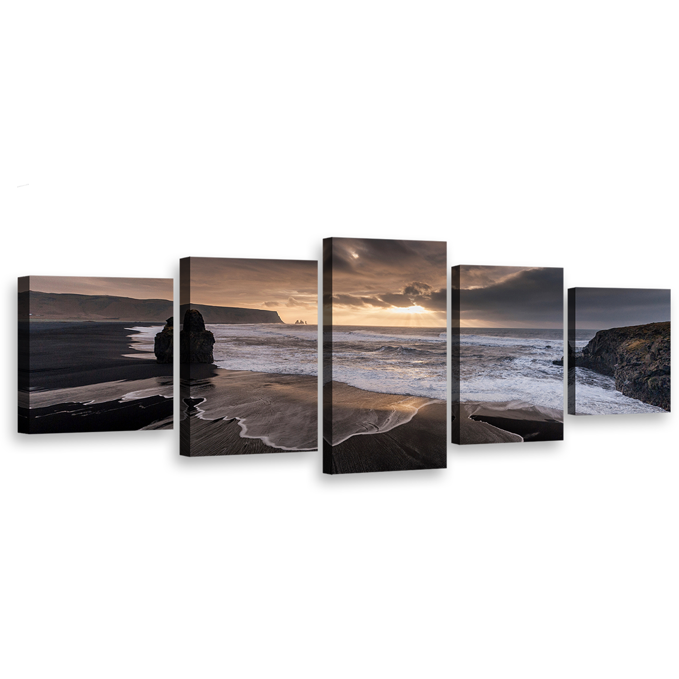 Ocean Beach Canvas Print, Dramatic Yellow Cloudy Sky Canvas Set, Grey Reynisfjara Beach 5 Piece Canvas Wall Art, Beach Black Sand Multi Canvas