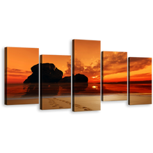 Load image into Gallery viewer, Ocean Beach Canvas Print, Footprint on Sand Orange Sky Wall Art, Amazing Red Sunset Ocean Rocks 5 Piece Canvas Set
