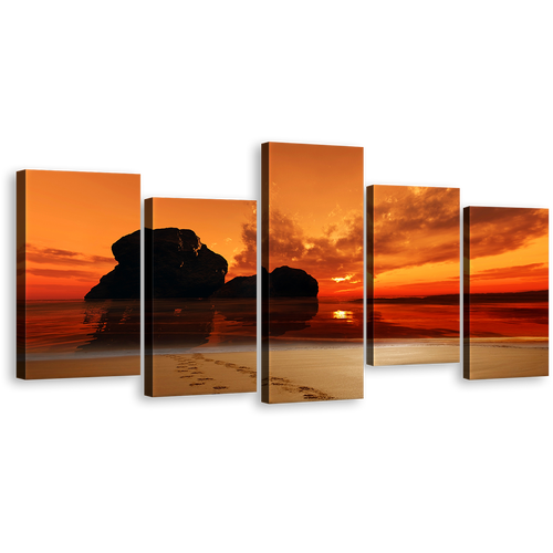 Ocean Beach Canvas Print, Footprint on Sand Orange Sky Wall Art, Amazing Red Sunset Ocean Rocks 5 Piece Canvas Set