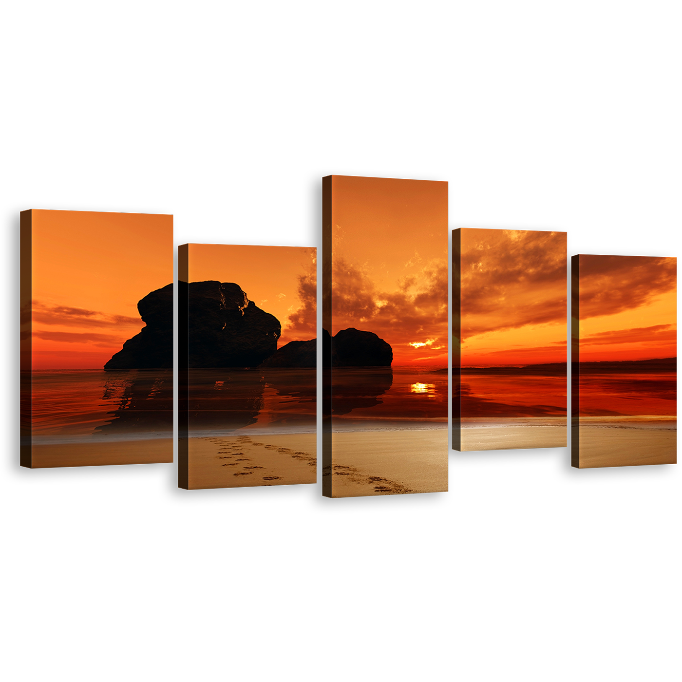 Ocean Beach Canvas Print, Footprint on Sand Orange Sky Wall Art, Amazing Red Sunset Ocean Rocks 5 Piece Canvas Set