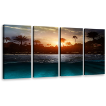 Load image into Gallery viewer, Ocean Beach Canvas Print, Grey Sea Waves Scenery Trees 4 Piece Wall Art, Yellow Sunset Sky Multiple Canvas
