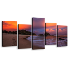 Load image into Gallery viewer, Ocean Beach Canvas Print, Orange Blue Sky Ocean 5 Piece Canvas Wall Art, Brown Wellington Beach Seascape Multi Canvas
