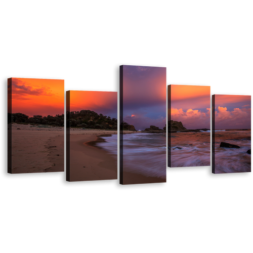 Ocean Beach Canvas Print, Orange Blue Sky Ocean 5 Piece Canvas Wall Art, Brown Wellington Beach Seascape Multi Canvas