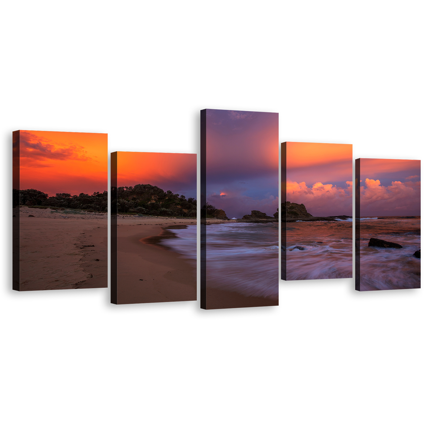 Ocean Beach Canvas Print, Orange Blue Sky Ocean 5 Piece Canvas Wall Art, Brown Wellington Beach Seascape Multi Canvas