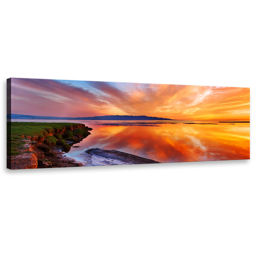 Ocean Beach Canvas Print, Orange Ocean Sky At Dawn 1 Piece Wall Art, Yellow Sky Beach Reflection Canvas Art