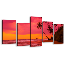 Load image into Gallery viewer, Ocean Beach Canvas Print, Palm Trees Ocean Landscape Canvas Print, Beautiful Red Orange Sky Ocean 5 Piece Multiple Canvas
