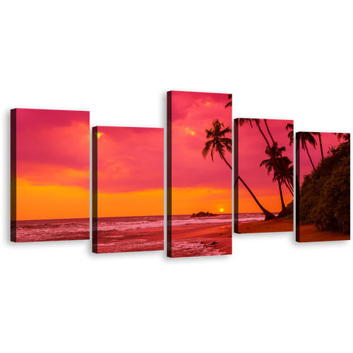 Ocean Beach Canvas Print, Palm Trees Ocean Landscape Canvas Print, Beautiful Red Orange Sky Ocean 5 Piece Multiple Canvas