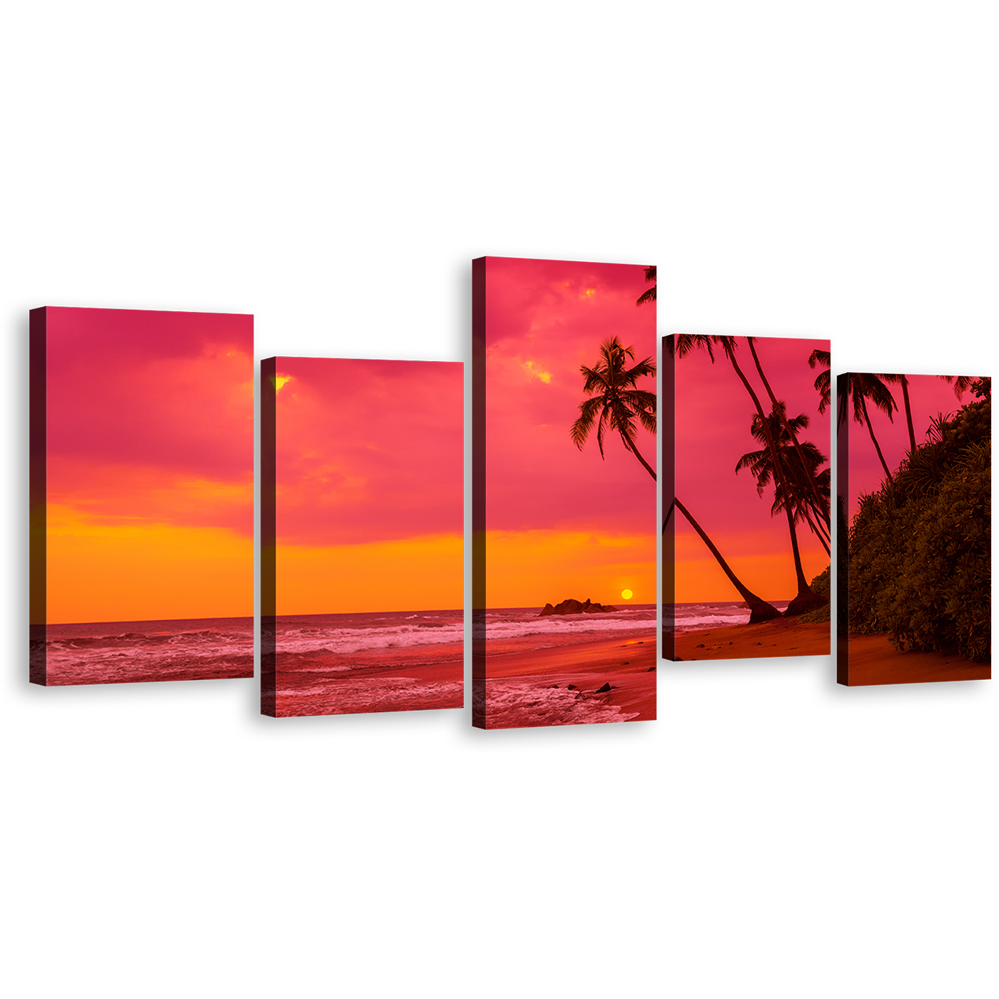 Ocean Beach Canvas Print, Palm Trees Ocean Landscape Canvas Print, Beautiful Red Orange Sky Ocean 5 Piece Multiple Canvas