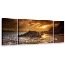 Load image into Gallery viewer, Ocean Beach Canvas Print, South Devon 3 Piece Canvas Wall Art, Brown Leas Foot Sand Beach Multiple Canvas, Yellow Salcombe Sun Beach Rocks Canvas Set
