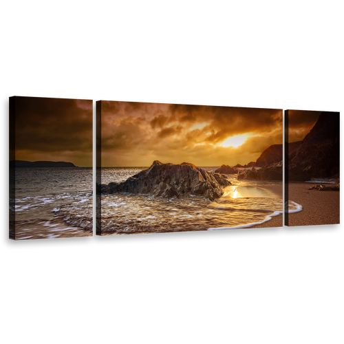 Ocean Beach Canvas Print, South Devon 3 Piece Canvas Wall Art, Brown Leas Foot Sand Beach Multiple Canvas, Yellow Salcombe Sun Beach Rocks Canvas Set