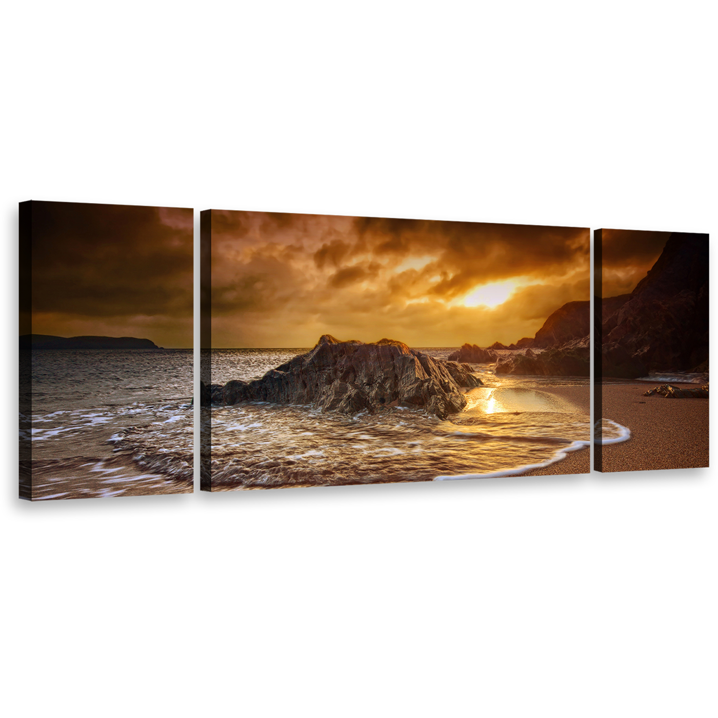 Ocean Beach Canvas Print, South Devon 3 Piece Canvas Wall Art, Brown Leas Foot Sand Beach Multiple Canvas, Yellow Salcombe Sun Beach Rocks Canvas Set