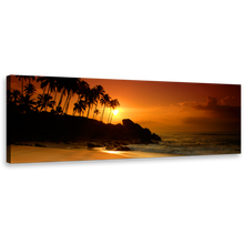 Load image into Gallery viewer, Ocean Beach Canvas Print, Sri Lankan Orange Sunset Bliss 1 Piece Canvas Art, Coconut Palms Black Tropical Seascape Wall Art
