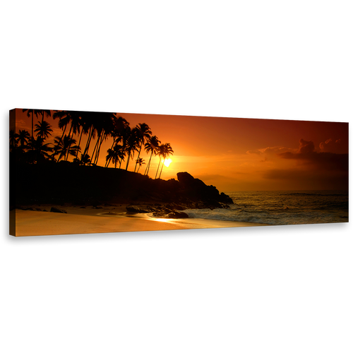 Ocean Beach Canvas Print, Sri Lankan Orange Sunset Bliss 1 Piece Canvas Art, Coconut Palms Black Tropical Seascape Wall Art