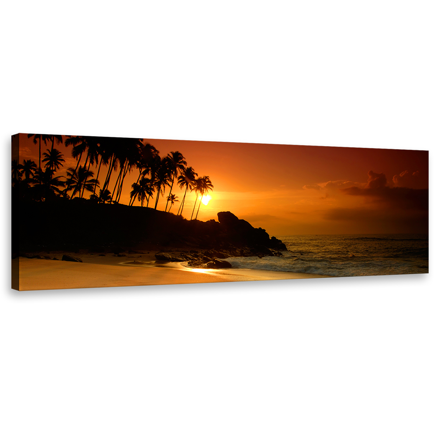 Ocean Beach Canvas Print, Sri Lankan Orange Sunset Bliss 1 Piece Canvas Art, Coconut Palms Black Tropical Seascape Wall Art