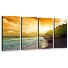 Load image into Gallery viewer, Ocean Beach Canvas Print, Yellow Seychelles Ocean Sky Canvas Wall Art, Green La Digue Island 4 Piece Canvas Set
