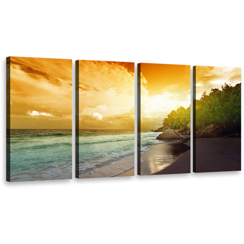 Ocean Beach Canvas Print, Yellow Seychelles Ocean Sky Canvas Wall Art, Green La Digue Island 4 Piece Canvas Set