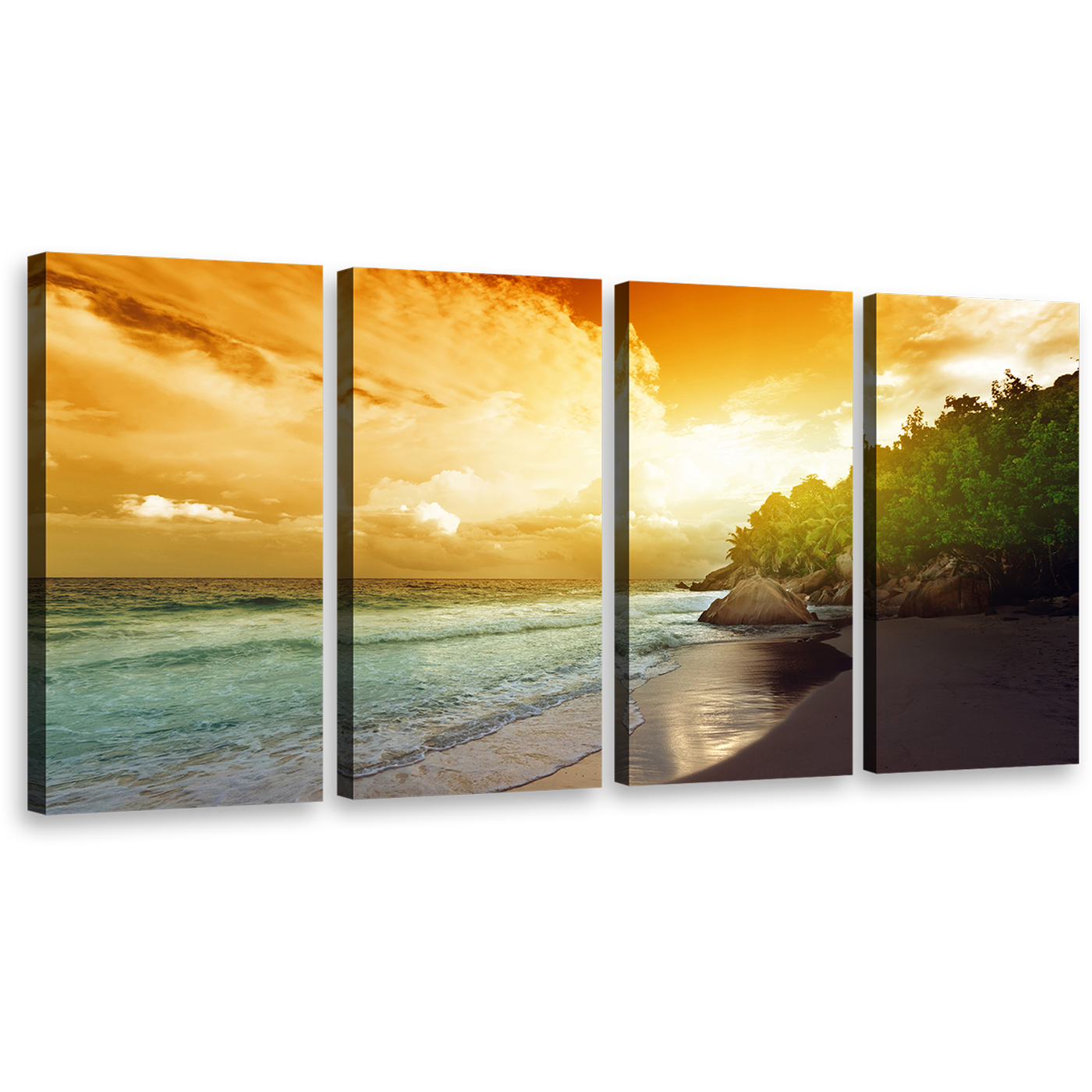 Ocean Beach Canvas Print, Yellow Seychelles Ocean Sky Canvas Wall Art, Green La Digue Island 4 Piece Canvas Set