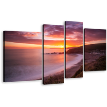 Load image into Gallery viewer, Ocean Beach Canvas Print, Yellow Sunset Clouds Ocean 4 Piece Canvas Wall Art, Challaborough Bay Brown Ocean Sea Multiple Canvas
