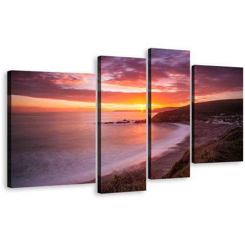 Ocean Beach Canvas Print, Yellow Sunset Clouds Ocean 4 Piece Canvas Wall Art, Challaborough Bay Brown Ocean Sea Multiple Canvas