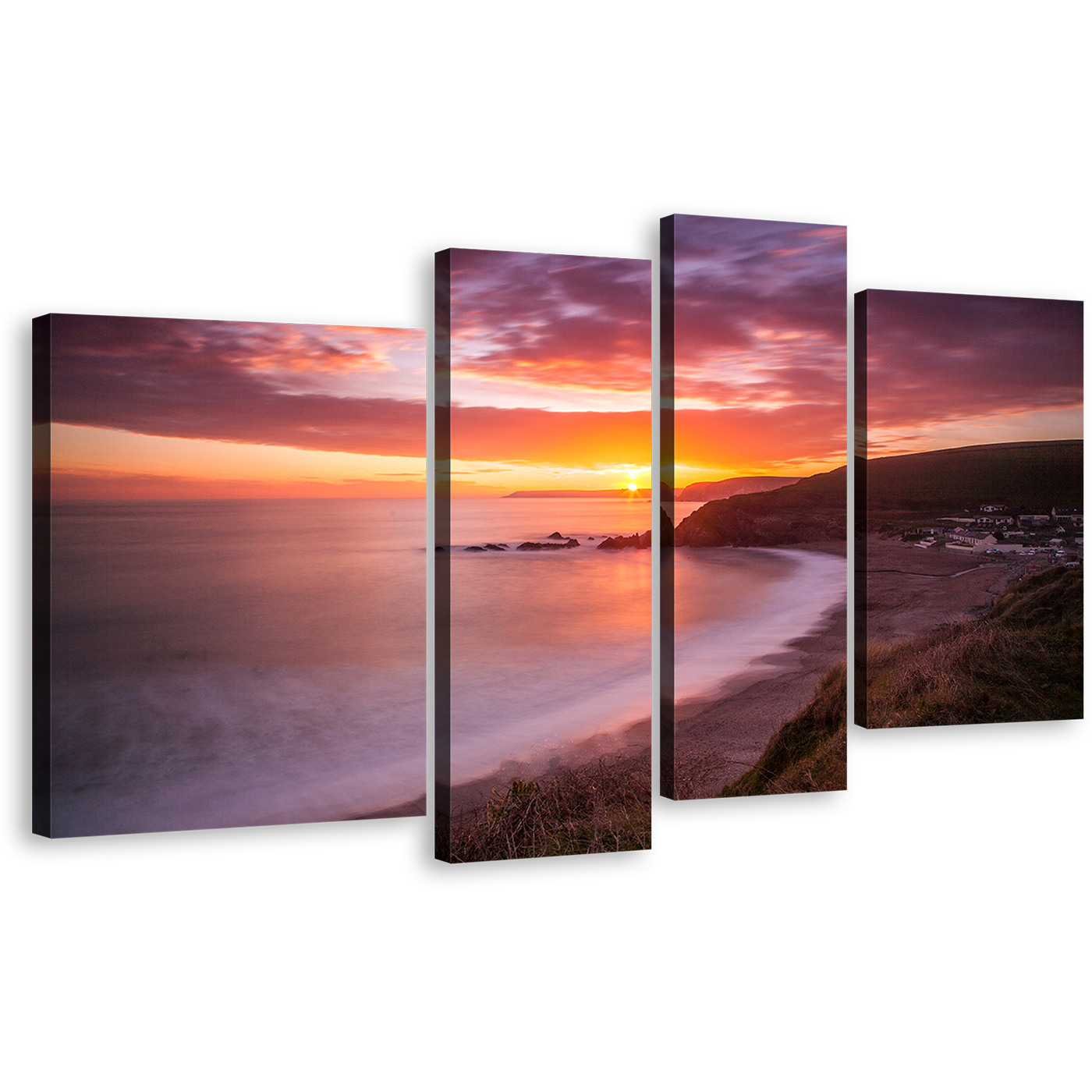 Ocean Beach Canvas Print, Yellow Sunset Clouds Ocean 4 Piece Canvas Wall Art, Challaborough Bay Brown Ocean Sea Multiple Canvas