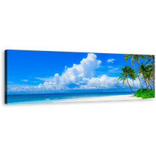 Load image into Gallery viewer, Ocean Beach Canvas Wall Art, Blue Cloudy Ocean Sky Panoramic Canvas Print, Green Trees Ocean Canvas Artwork
