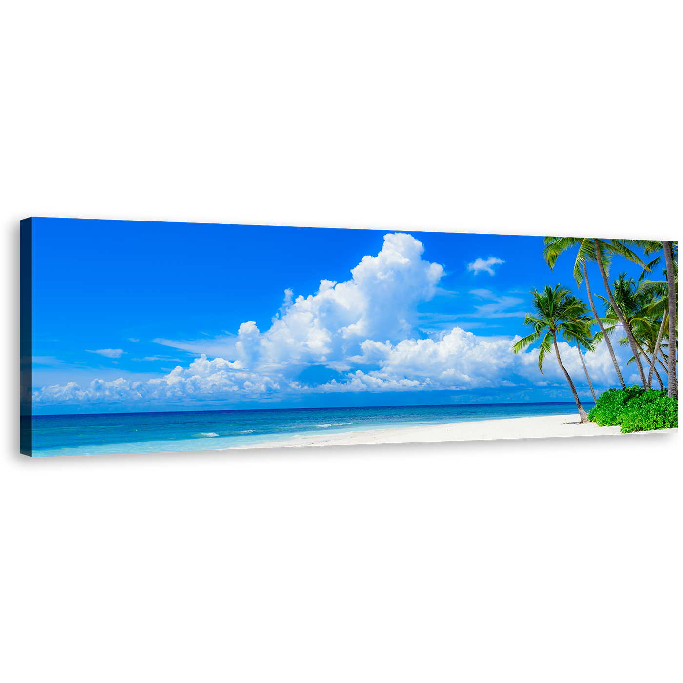 Ocean Beach Canvas Wall Art, Blue Cloudy Ocean Sky Panoramic Canvas Print, Green Trees Ocean Canvas Artwork